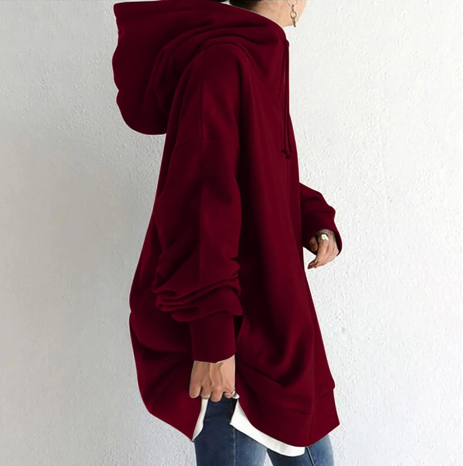 DASAYO Womens Long Oversized Hoodies Plus Size Pullover Hooded Hem Top Sweater Sweatshirts Winter Ouffits with Slit Pockets