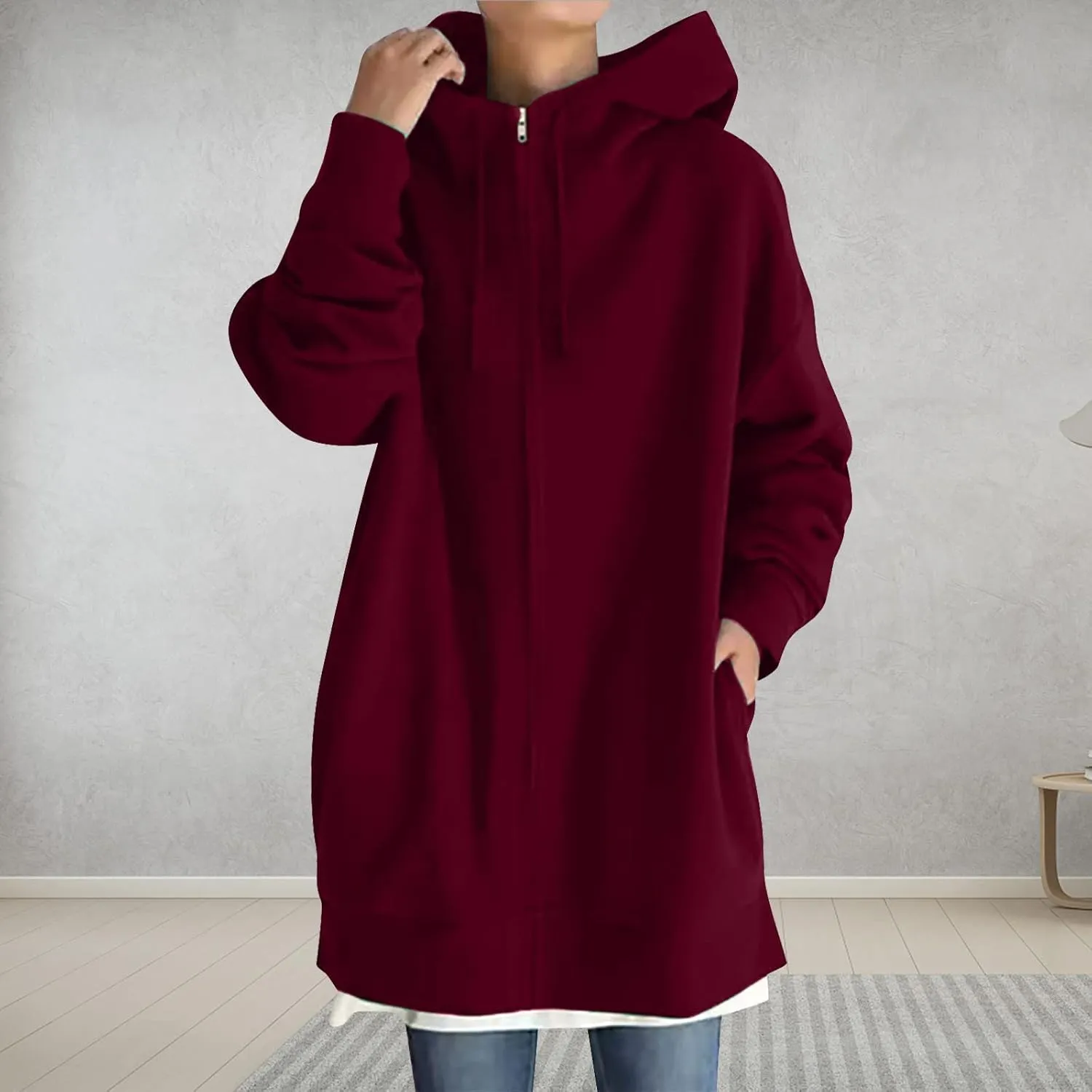 DASAYO Womens Long Oversized Hoodies Plus Size Pullover Hooded Hem Top Sweater Sweatshirts Winter Ouffits with Slit Pockets
