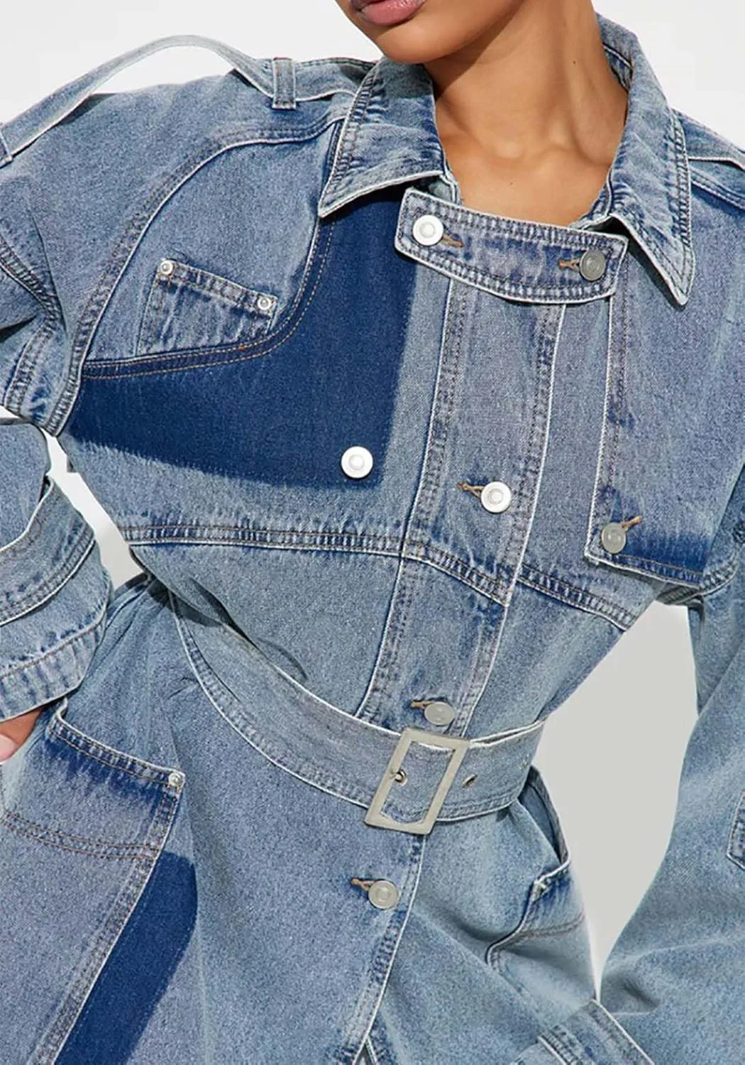 Denim Jacket for Women Button Down Long Sleeve Jean Jacket Plus Size Lapel Trench Coat with Belts