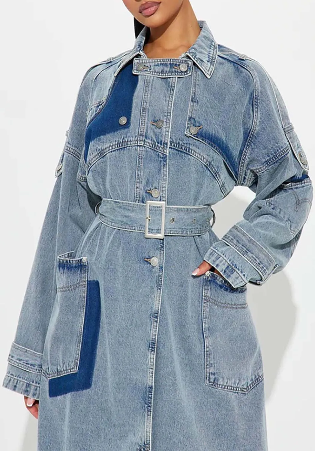 Denim Jacket for Women Button Down Long Sleeve Jean Jacket Plus Size Lapel Trench Coat with Belts