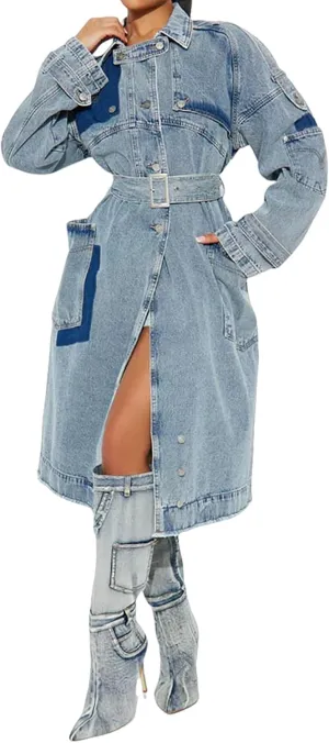 Denim Jacket for Women Button Down Long Sleeve Jean Jacket Plus Size Lapel Trench Coat with Belts