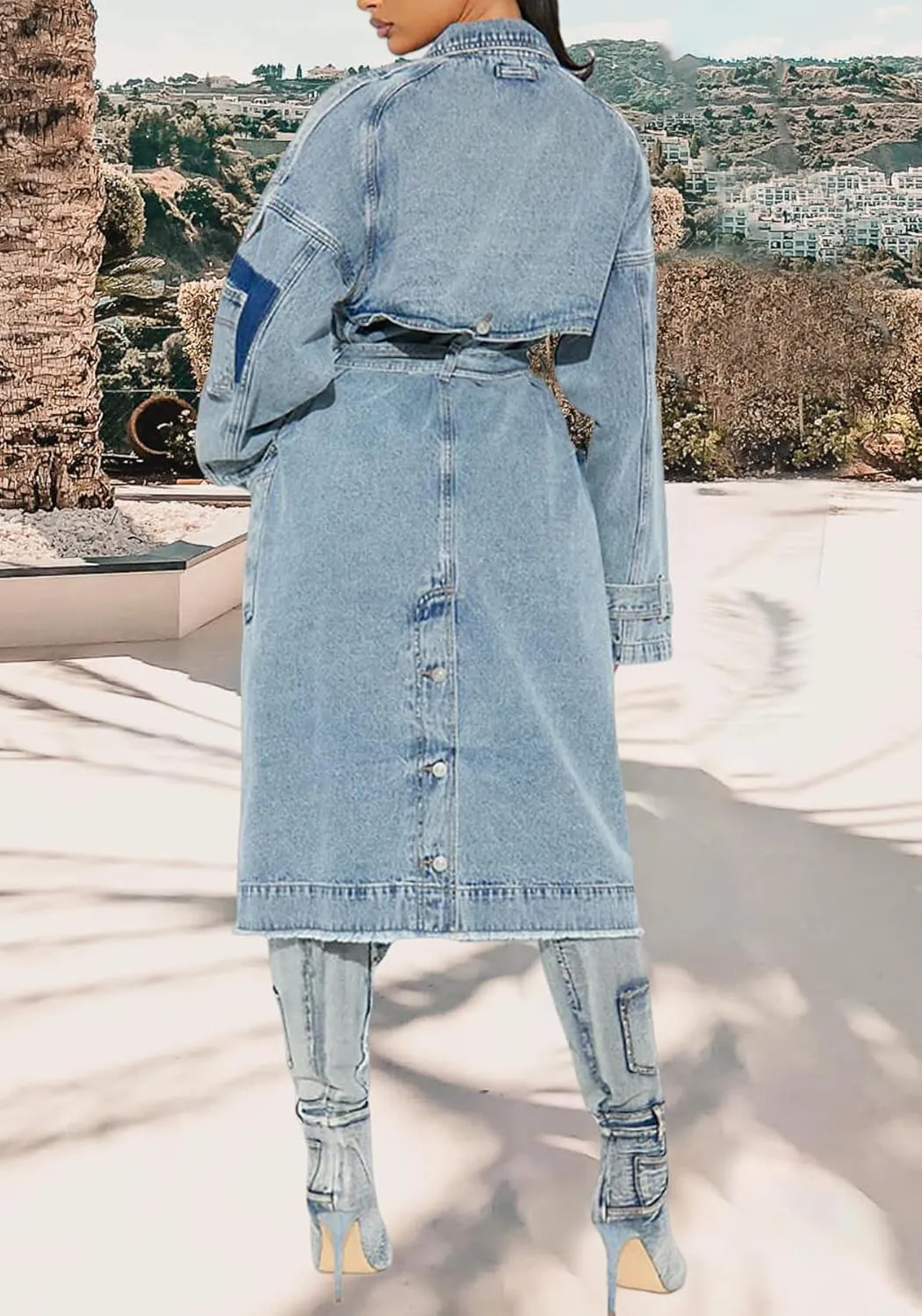 Denim Jacket for Women Button Down Long Sleeve Jean Jacket Plus Size Lapel Trench Coat with Belts