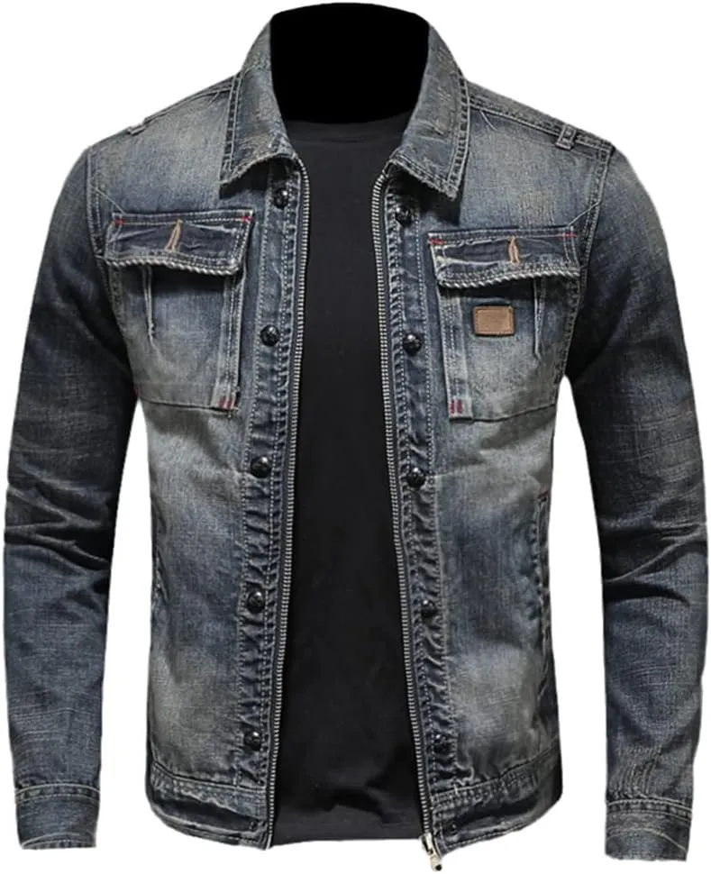 Denim Jacket Men Spring Autumn Jean Jacket Man Lapel Zipper Coat Denim Blue L