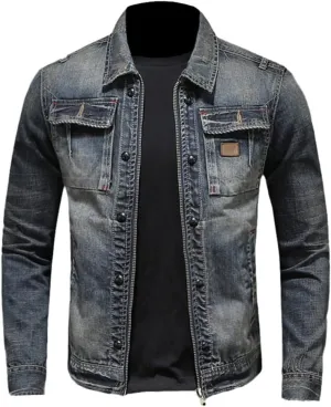 Denim Jacket Men Spring Autumn Jean Jacket Man Lapel Zipper Coat Denim Blue L