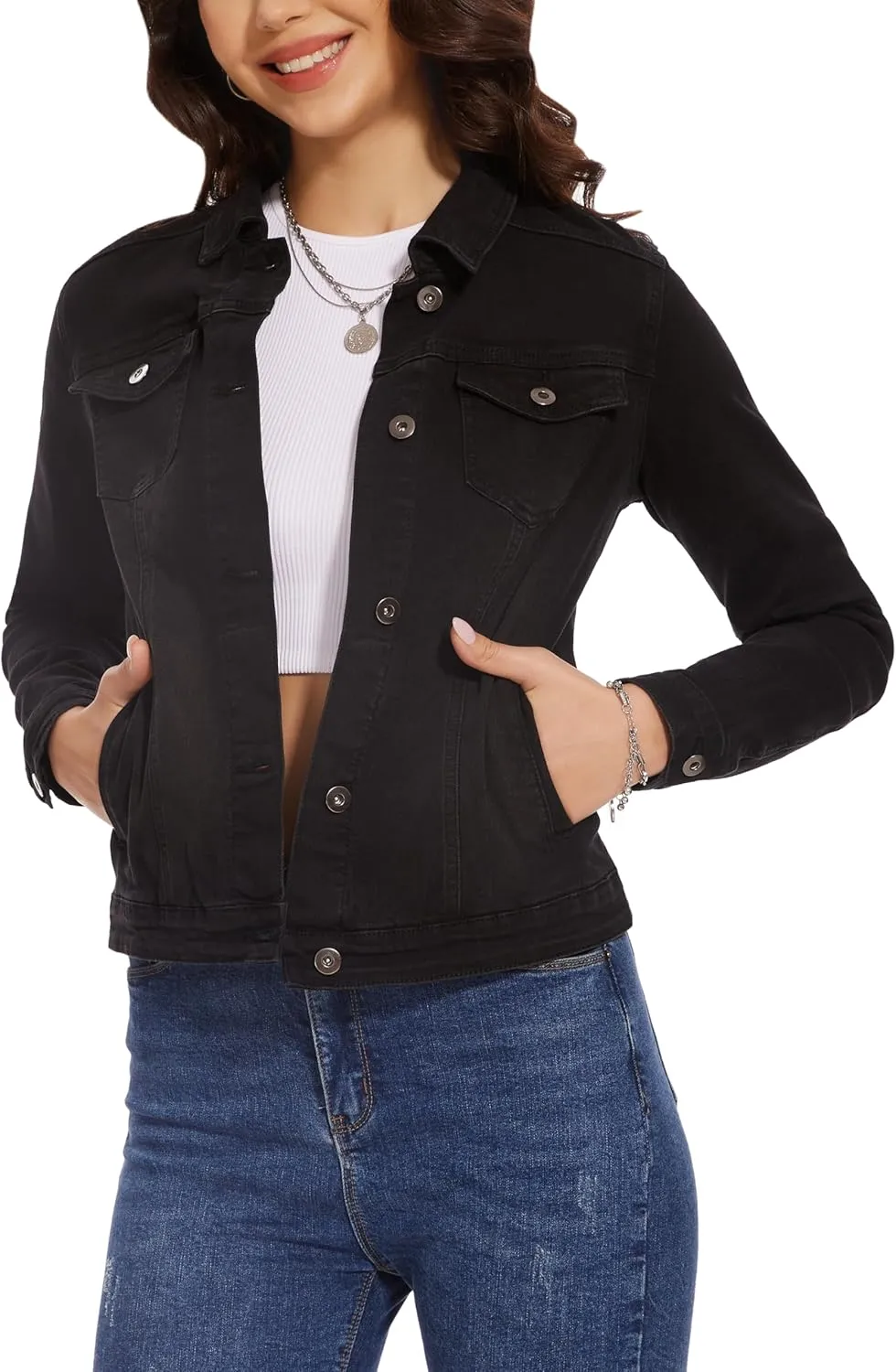 Dilgul Women's Casual Long Sleeve Stretch Denim Jacket Boyfriend Button Up Jean Jackets with Pockets