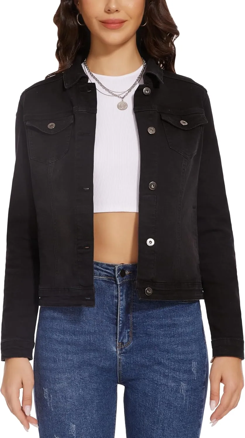 Dilgul Women's Casual Long Sleeve Stretch Denim Jacket Boyfriend Button Up Jean Jackets with Pockets
