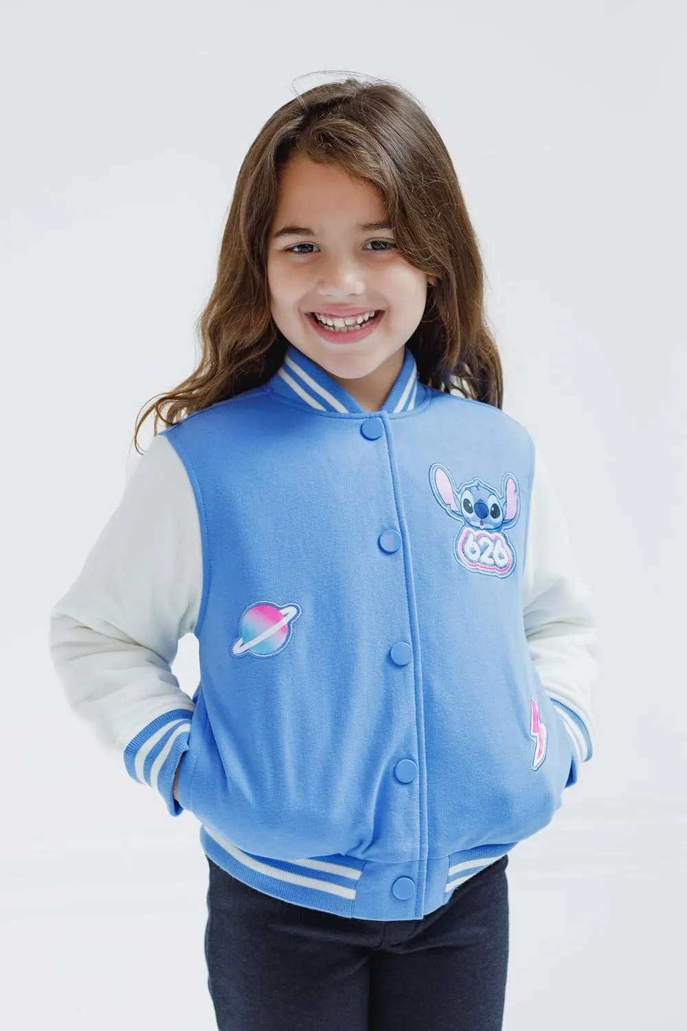 Disney Minnie Mouse Frozen Lilo & Stitch Moana Girls Varsity Bomber Jacket Toddler to Big Kid Sizes (2T - 14-16)