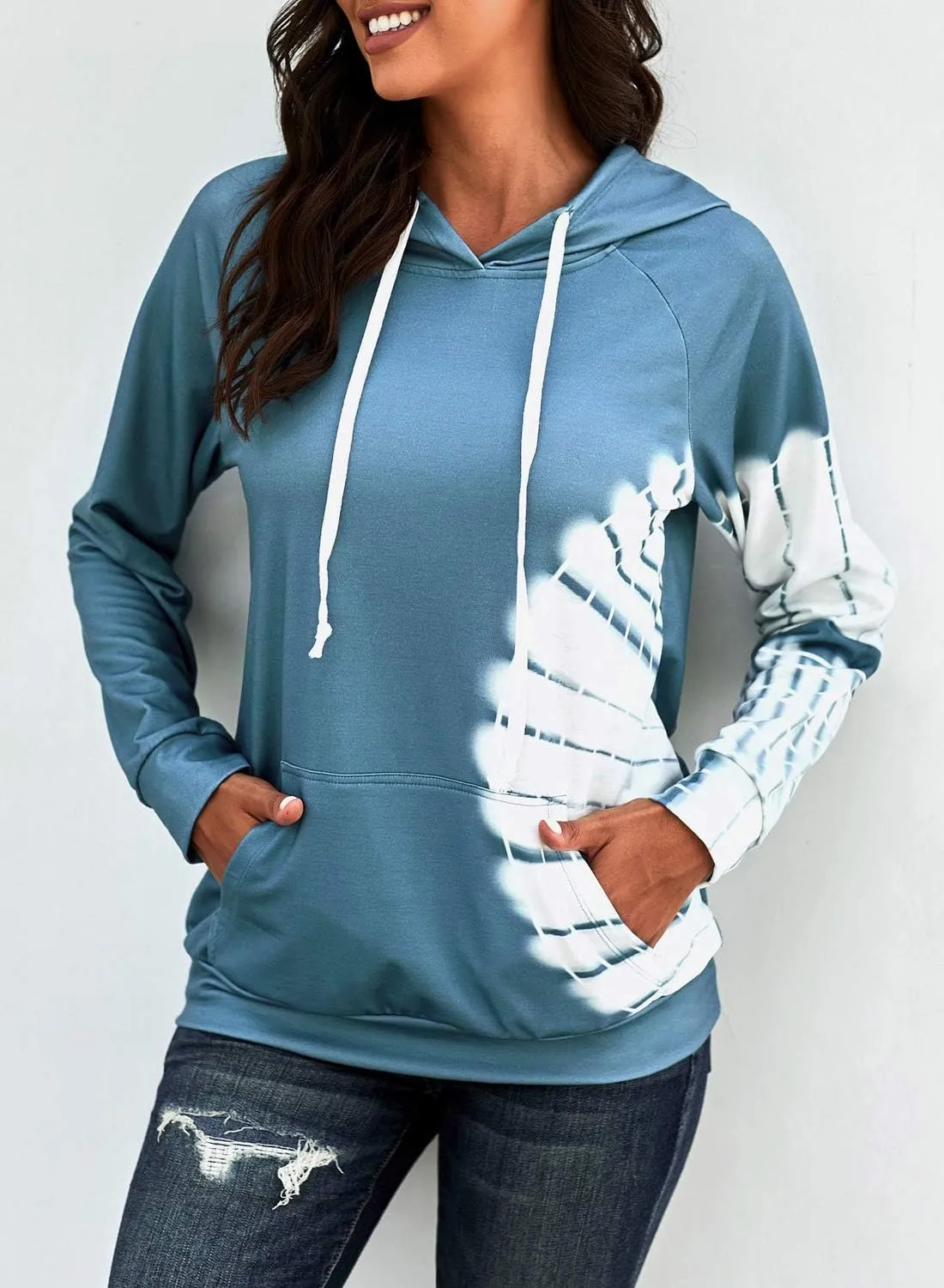 Diukia Women's Fashion Tie Dye Print Pullover Hoodie Long Sleeve Drawstring Hoodie Sweatshirt with Pocket S-2XL