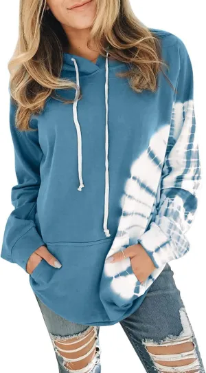 Diukia Women's Fashion Tie Dye Print Pullover Hoodie Long Sleeve Drawstring Hoodie Sweatshirt with Pocket S-2XL