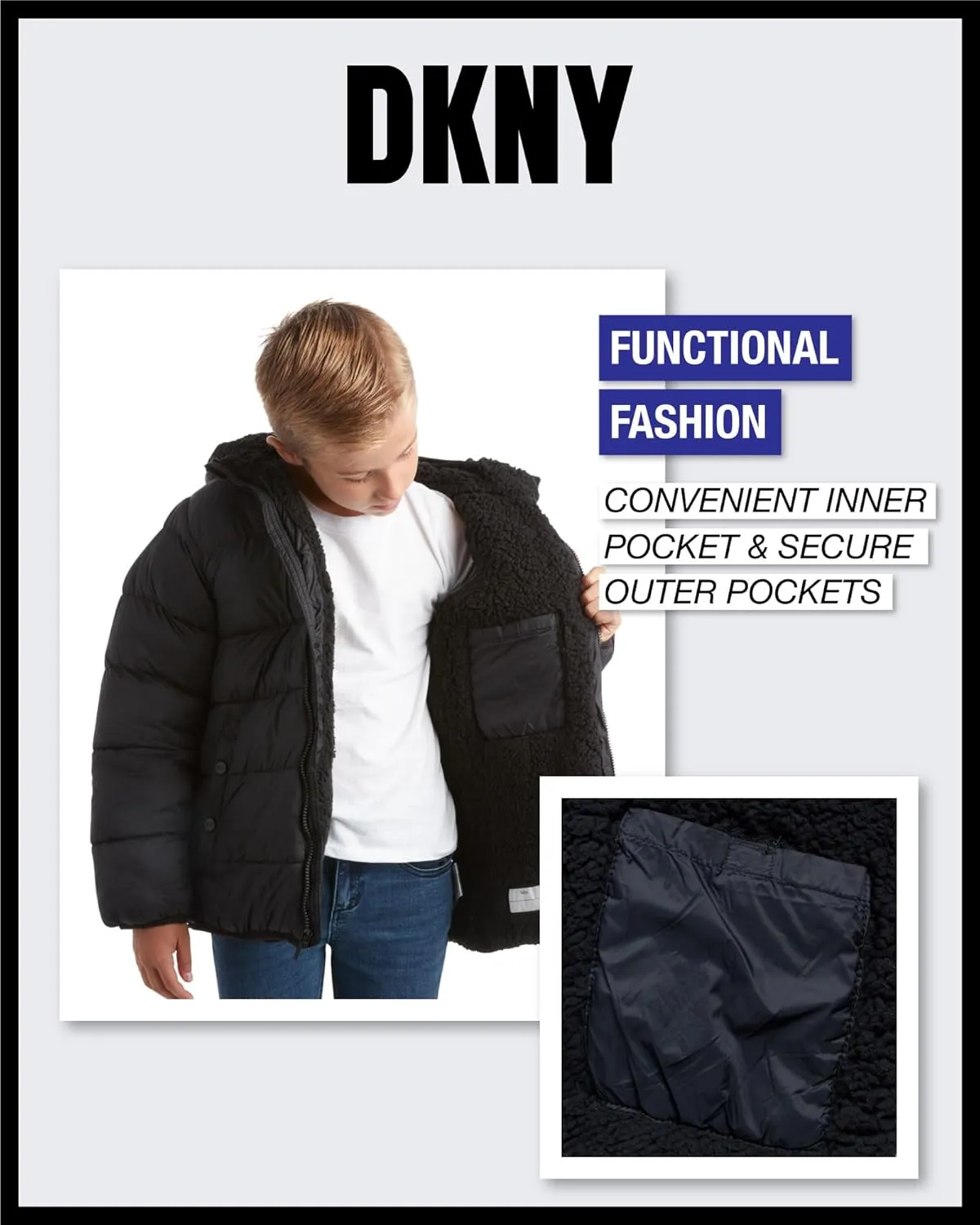 DKNY Boys' Winter Jacket - Heavyweight Sherpa Lined Bubble Puffer Coat with Convenient Pockets - Jacket for Boys (Size: 4-20)