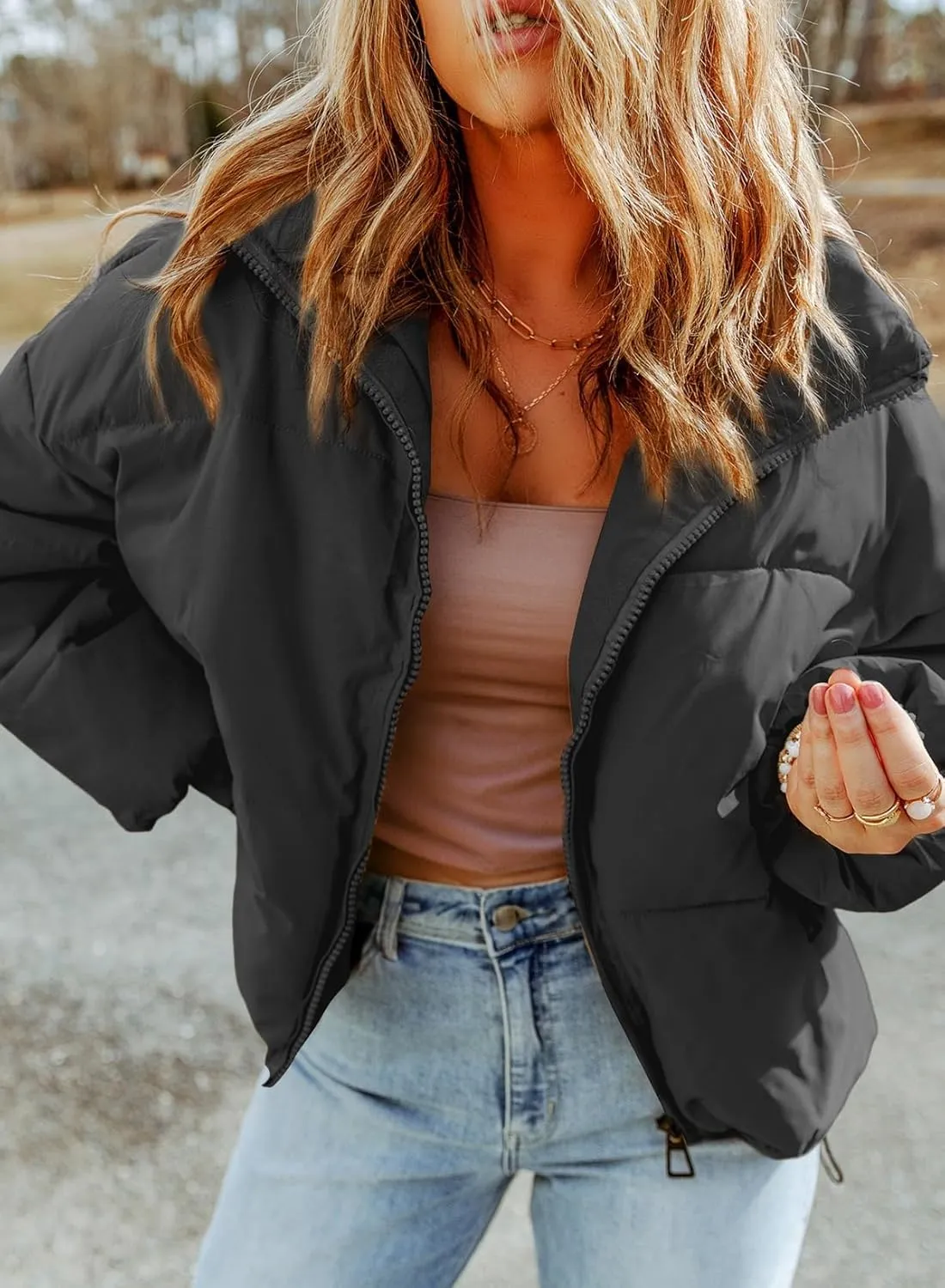 Dokotoo Womens Winter Cropped Puffer Jacket Full Zip Quilted Jackets Warm Coats with Pockets