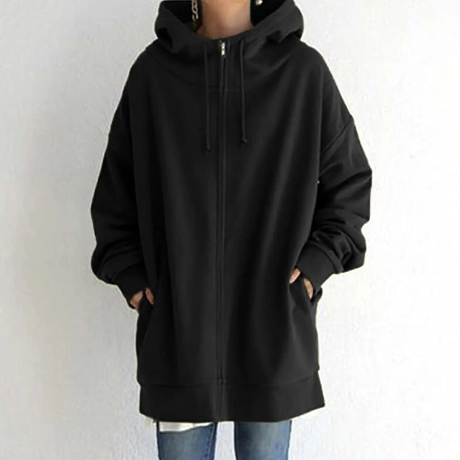 DOLKFU Womens Oversized Hoodie Dress Zip Up Long Sweatshirt Solid Basic Pullover Tops Y2K Trendy Winter Clothes With Pockets