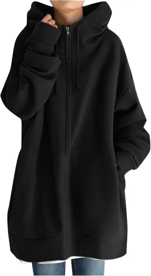 DOLKFU Womens Oversized Hoodie Dress Zip Up Long Sweatshirt Solid Basic Pullover Tops Y2K Trendy Winter Clothes With Pockets