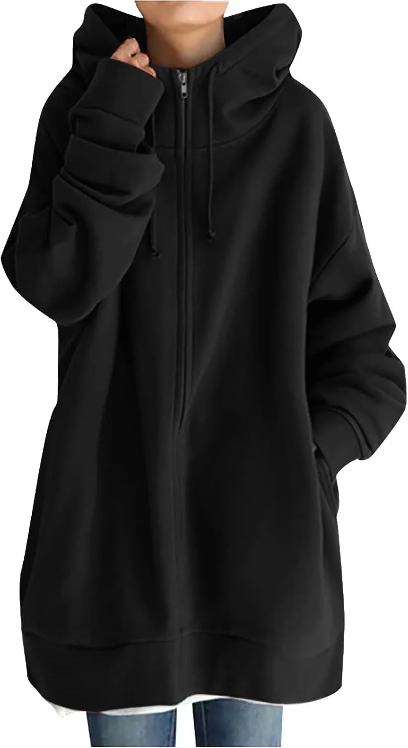 DOLKFU Womens Oversized Hoodie Dress Zip Up Long Sweatshirt Solid Basic Pullover Tops Y2K Trendy Winter Clothes With Pockets