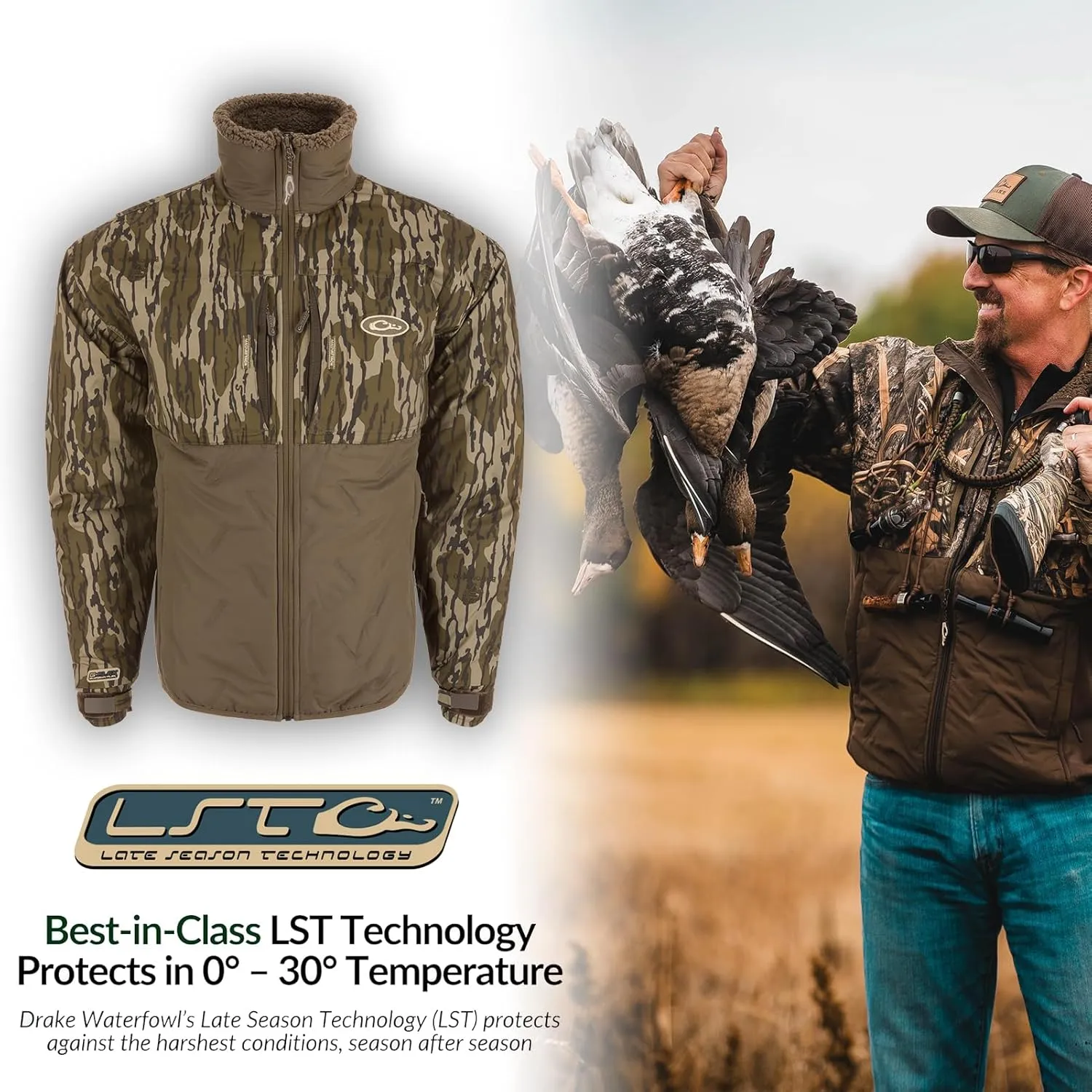 Drake Waterfowl Men's LST Guardian Flex Double Down Eqwader Full Zip Insulated Waterproof Windproof Hunting Jacket