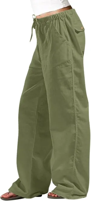 Drawstring Linen Pants for Women Casual Summer Staight Leg Loose Fit Beach Pants Elastic Waist Lounge Pants S-5XL