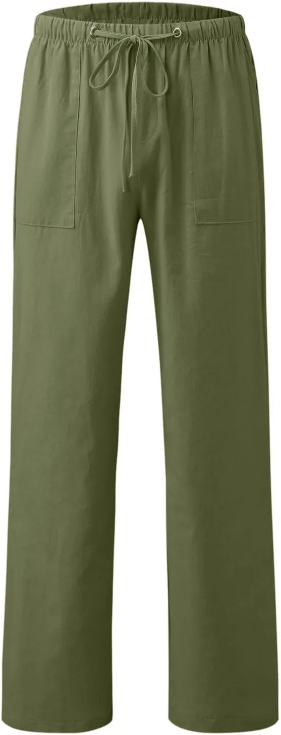Drawstring Linen Pants for Women Casual Summer Staight Leg Loose Fit Beach Pants Elastic Waist Lounge Pants S-5XL