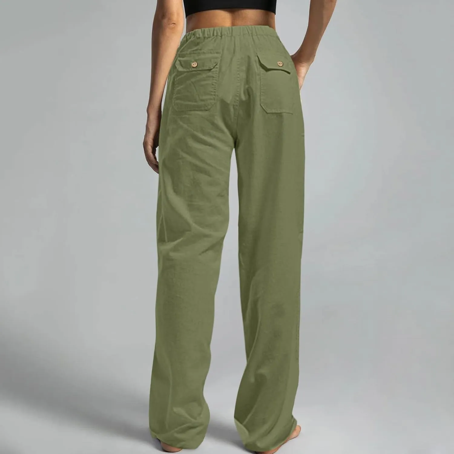 Drawstring Linen Pants for Women Casual Summer Staight Leg Loose Fit Beach Pants Elastic Waist Lounge Pants S-5XL
