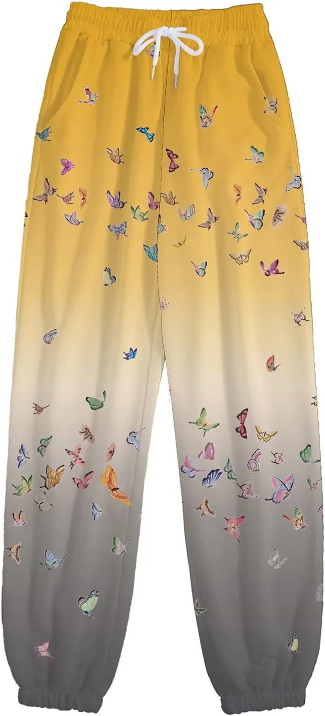 Drawstring Sweatpants for Women with Pockets, Women's Butterfly Sport Pants Elastic Waist Jogger Trousers Plus Size