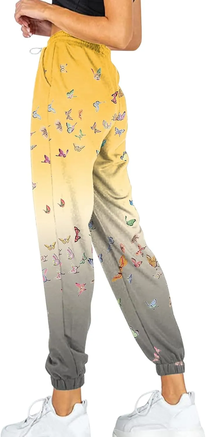 Drawstring Sweatpants for Women with Pockets, Women's Butterfly Sport Pants Elastic Waist Jogger Trousers Plus Size