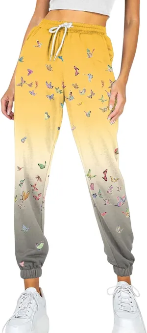 Drawstring Sweatpants for Women with Pockets, Women's Butterfly Sport Pants Elastic Waist Jogger Trousers Plus Size