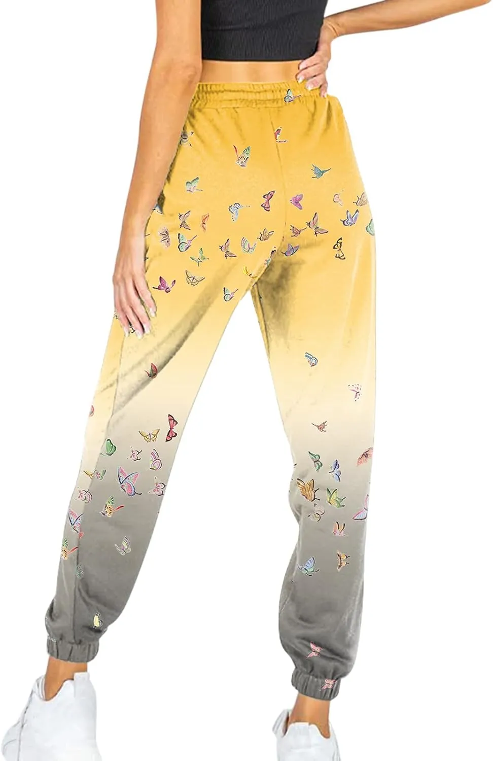 Drawstring Sweatpants for Women with Pockets, Women's Butterfly Sport Pants Elastic Waist Jogger Trousers Plus Size
