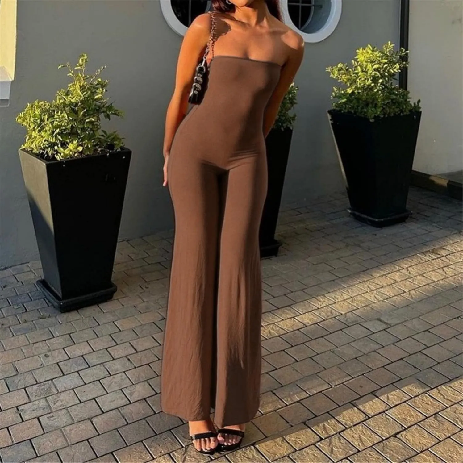 ECHOINE Women Bodycon Tube Top Wide Leg Jumpsuit Off Shoulder Long Pant Romper