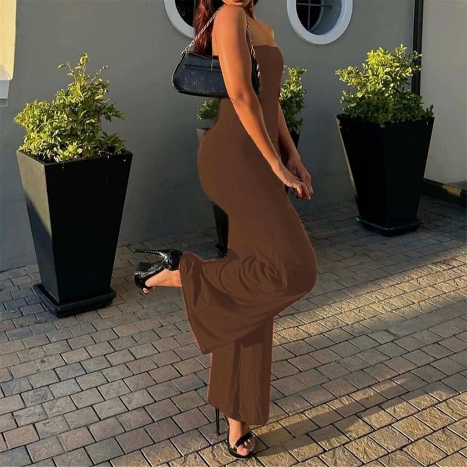ECHOINE Women Bodycon Tube Top Wide Leg Jumpsuit Off Shoulder Long Pant Romper