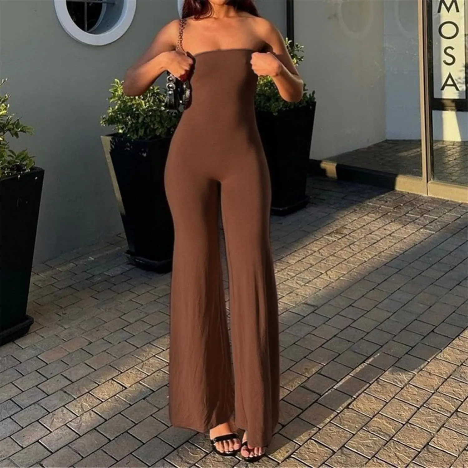 ECHOINE Women Bodycon Tube Top Wide Leg Jumpsuit Off Shoulder Long Pant Romper