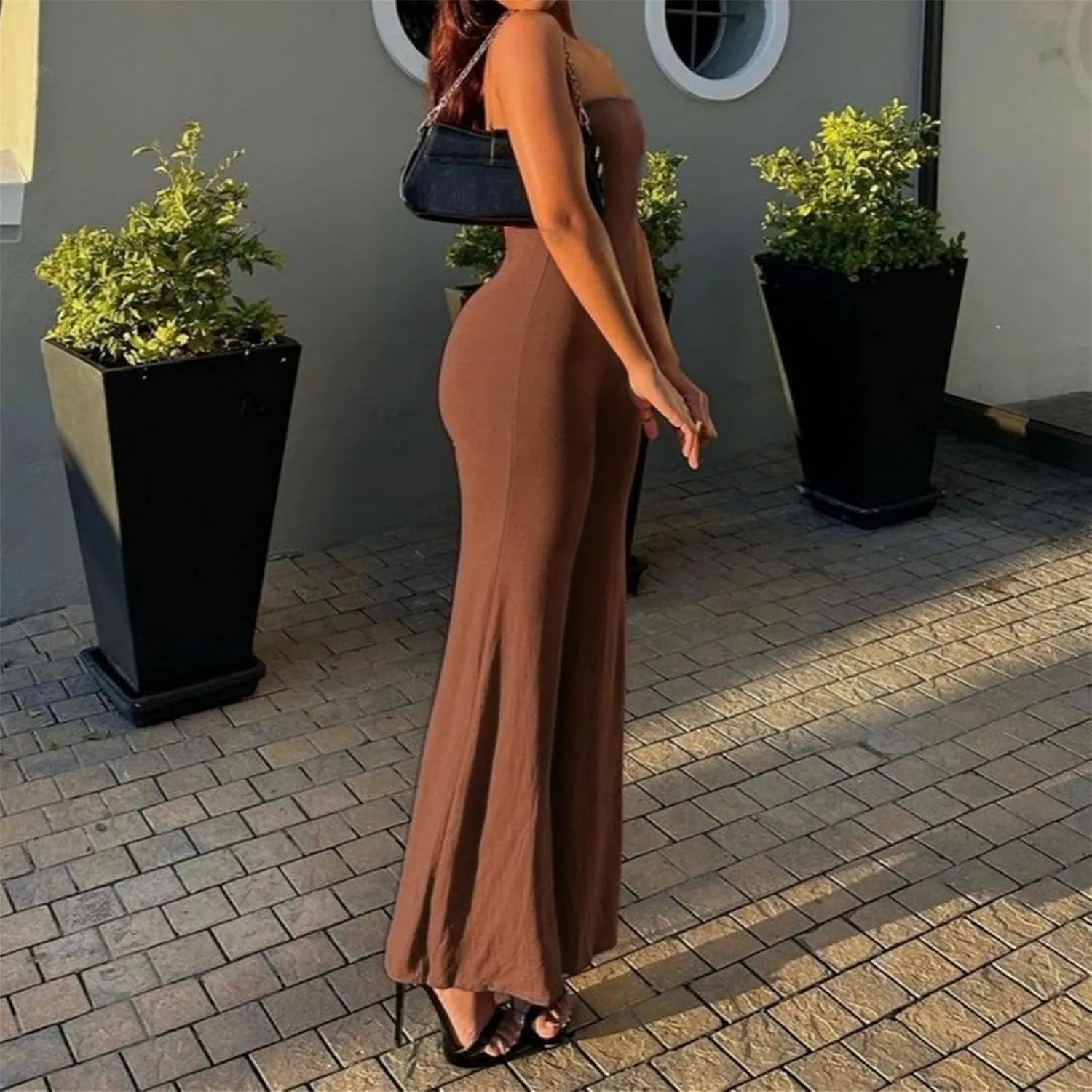 ECHOINE Women Bodycon Tube Top Wide Leg Jumpsuit Off Shoulder Long Pant Romper