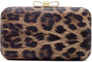 Elegant Leopard PU Leather Crystal Bow Top Hard Clutch Evening Bag Handbag