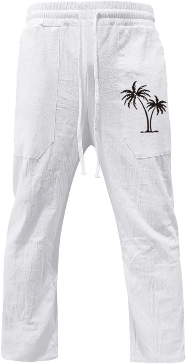 evzosrz Mens Cotton Linen Pants Casual Straight Trendy Print Baggy Sweatpants Loose Fit High Waist Summer Beach Jogger Slacks