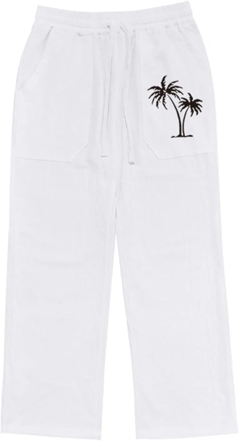 evzosrz Mens Cotton Linen Pants Casual Straight Trendy Print Baggy Sweatpants Loose Fit High Waist Summer Beach Jogger Slacks