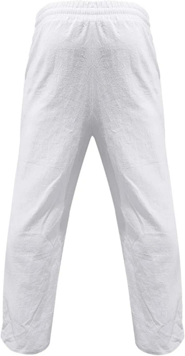 evzosrz Mens Cotton Linen Pants Casual Straight Trendy Print Baggy Sweatpants Loose Fit High Waist Summer Beach Jogger Slacks