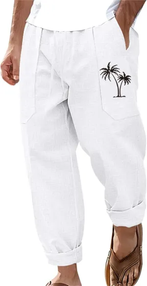 evzosrz Mens Cotton Linen Pants Casual Straight Trendy Print Baggy Sweatpants Loose Fit High Waist Summer Beach Jogger Slacks