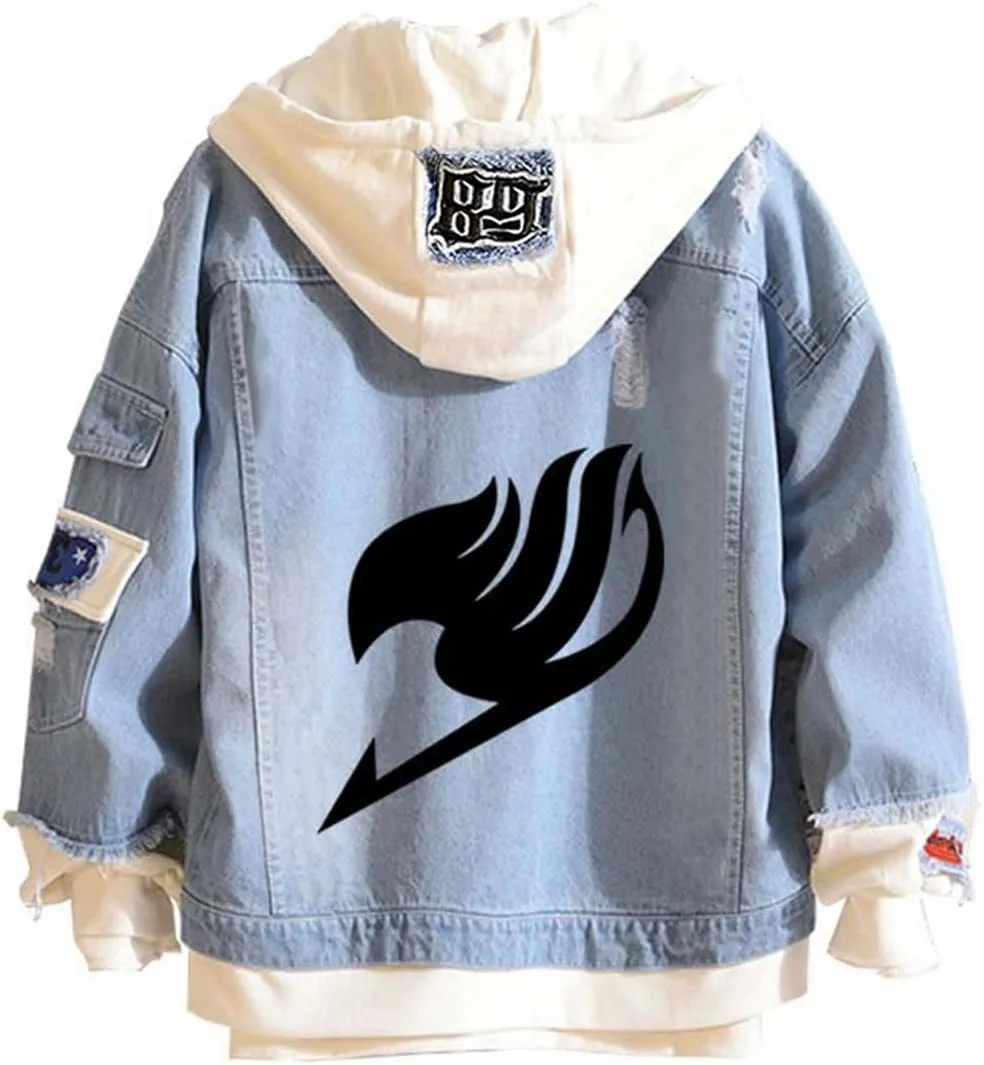 Fairytail Jeans Jacket Anime Lucy Heartfilia Cosplay Denim Jacket Hoodie Casual Fashion Ripped Novelty Coat for Unisex