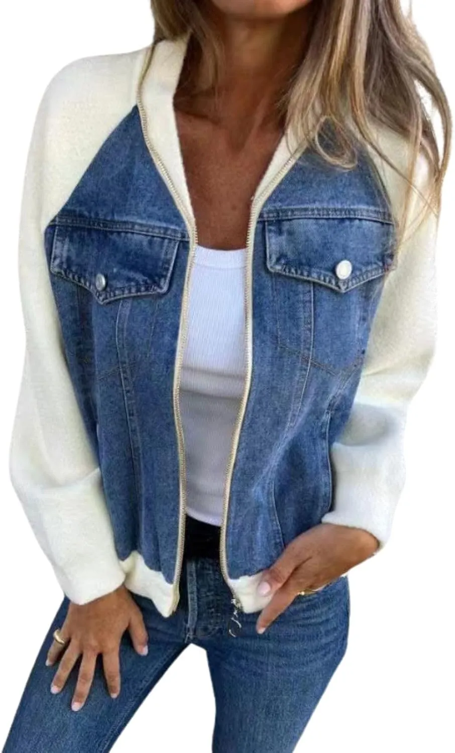 Fall Zip Up Denim Jackets for Women 2024 Long Slevee Washed Lightweight Patchwork Jean Jacket Causal Y2K Sweatshirt