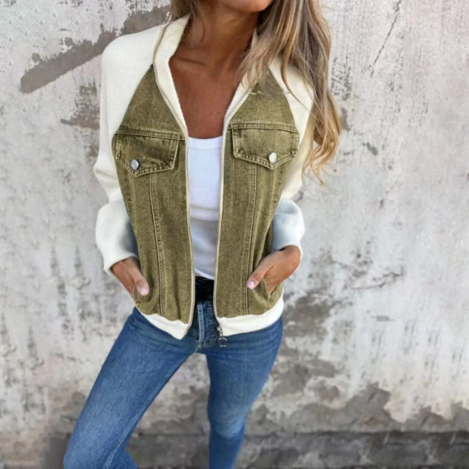 Fall Zip Up Denim Jackets for Women 2024 Long Slevee Washed Lightweight Patchwork Jean Jacket Causal Y2K Sweatshirt