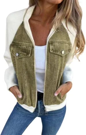 Fall Zip Up Denim Jackets for Women 2024 Long Slevee Washed Lightweight Patchwork Jean Jacket Causal Y2K Sweatshirt