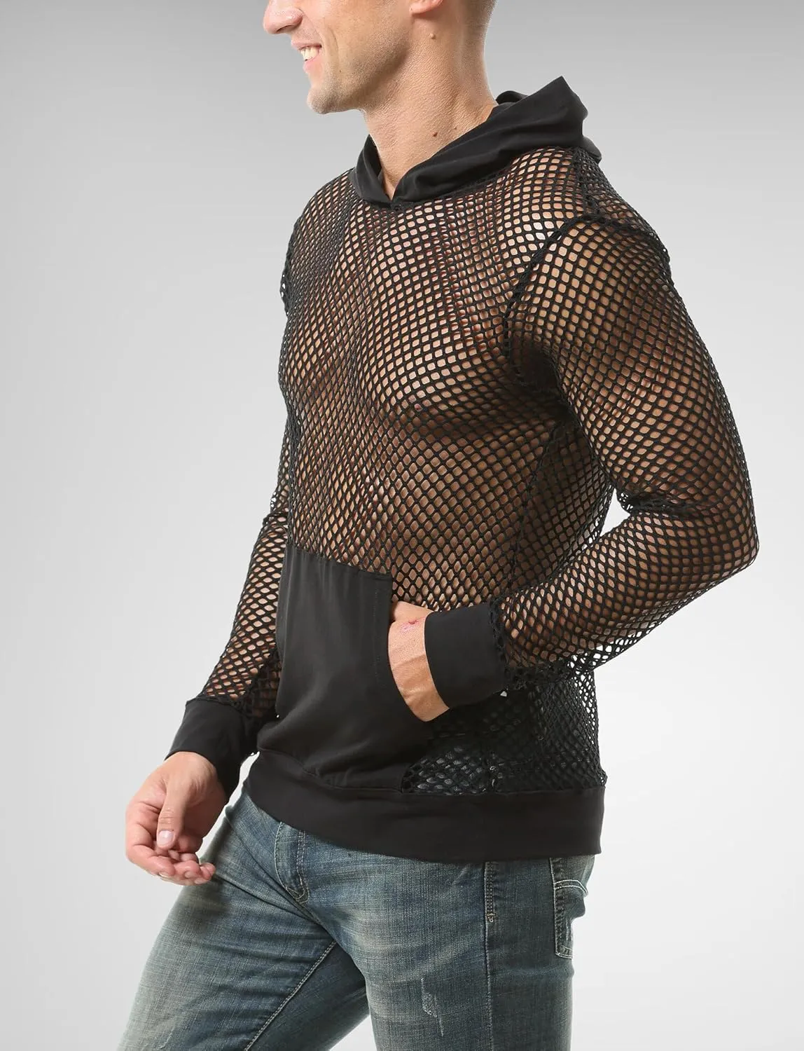 FEOYA Men Fishnet Top Sheer See Through Hoodie Mesh Club Workout Shirts Pullover