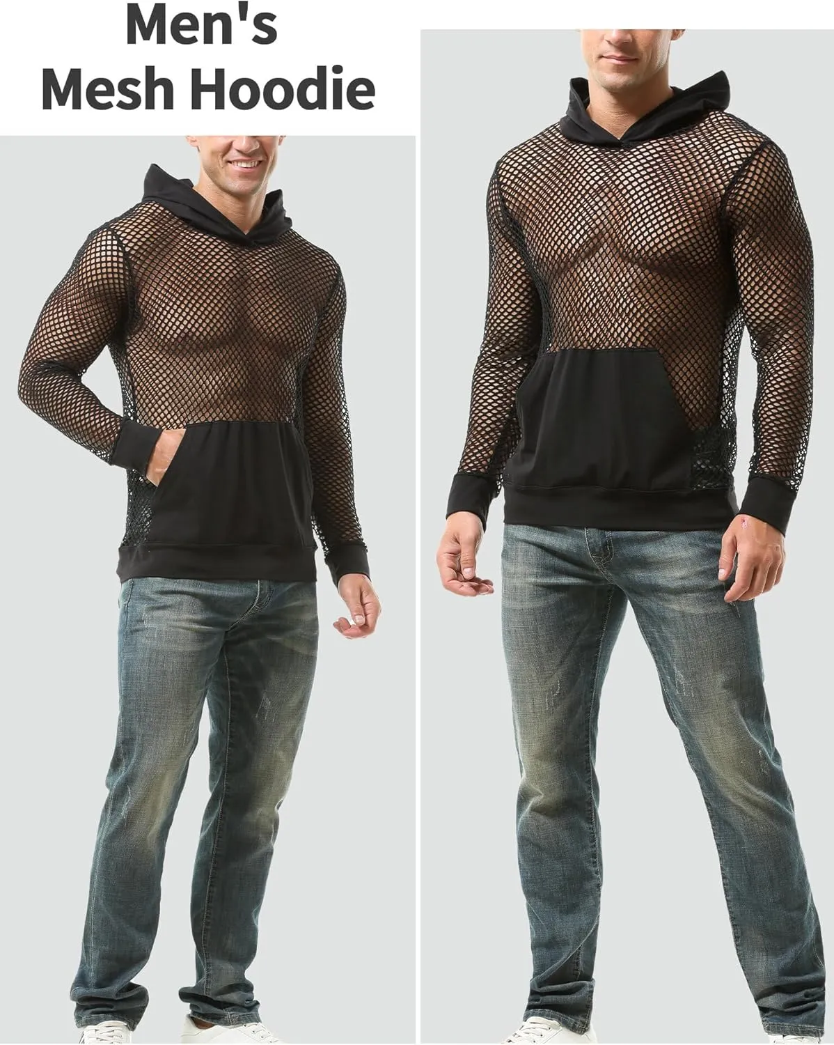 FEOYA Men Fishnet Top Sheer See Through Hoodie Mesh Club Workout Shirts Pullover