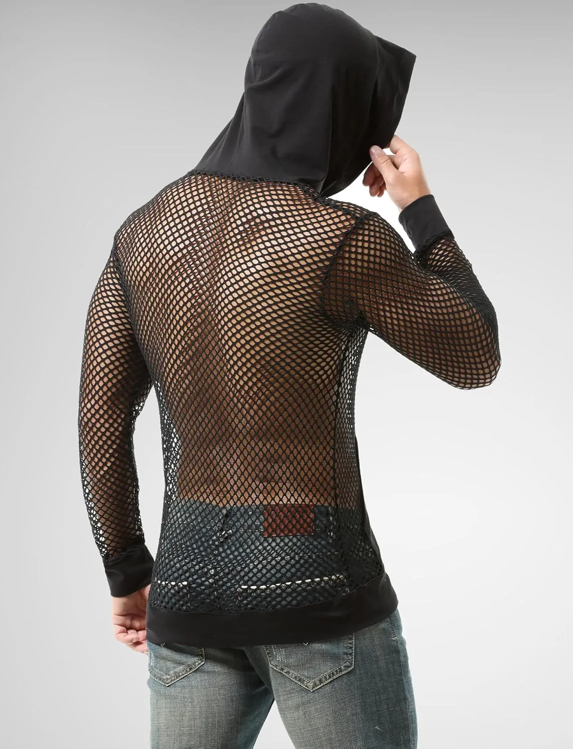 FEOYA Men Fishnet Top Sheer See Through Hoodie Mesh Club Workout Shirts Pullover