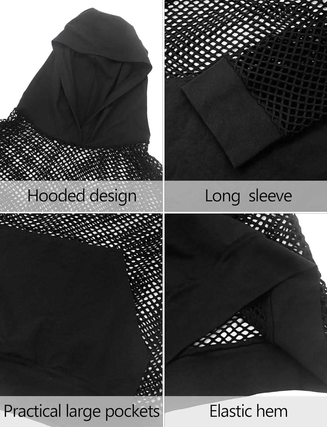 FEOYA Men Fishnet Top Sheer See Through Hoodie Mesh Club Workout Shirts Pullover
