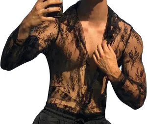 FEOYA Mens Mesh See Through Shirts Sheer Transparent Club Party Casual Top Undershirts