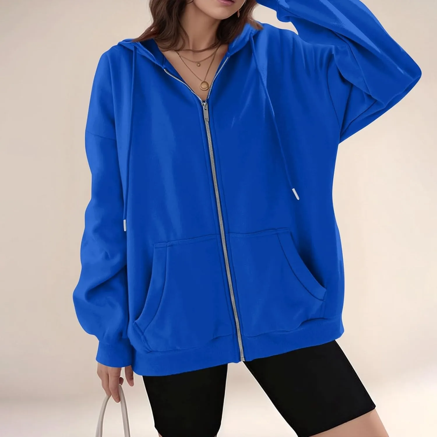 Fleece Zip Up Hoodie Women Oversized Drawstring Hooded Sherpa Jacket Full Zipper Baggy Fuzzy Sweatshirts with Pockets