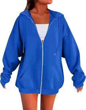 Fleece Zip Up Hoodie Women Oversized Drawstring Hooded Sherpa Jacket Full Zipper Baggy Fuzzy Sweatshirts with Pockets