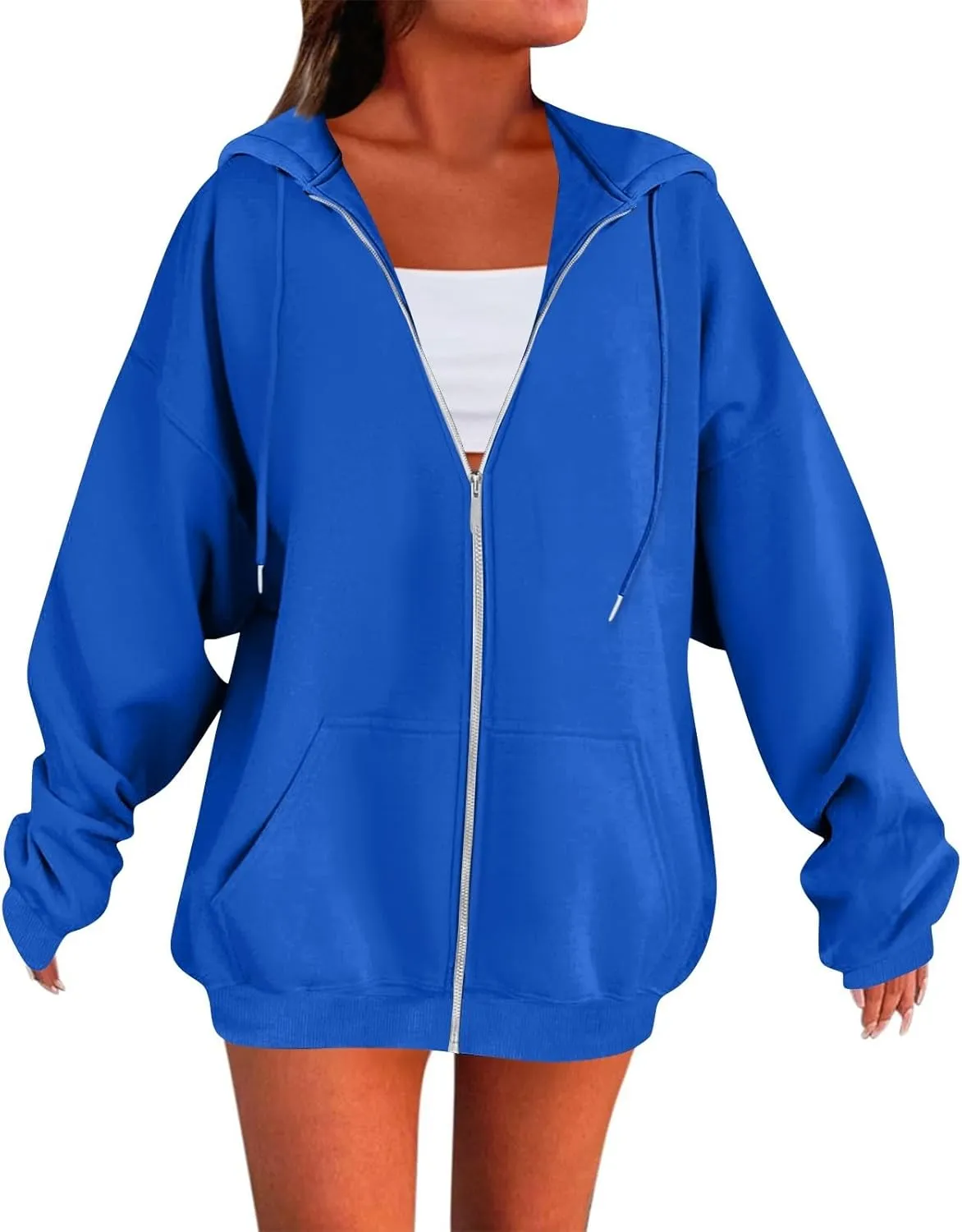 Fleece Zip Up Hoodie Women Oversized Drawstring Hooded Sherpa Jacket Full Zipper Baggy Fuzzy Sweatshirts with Pockets