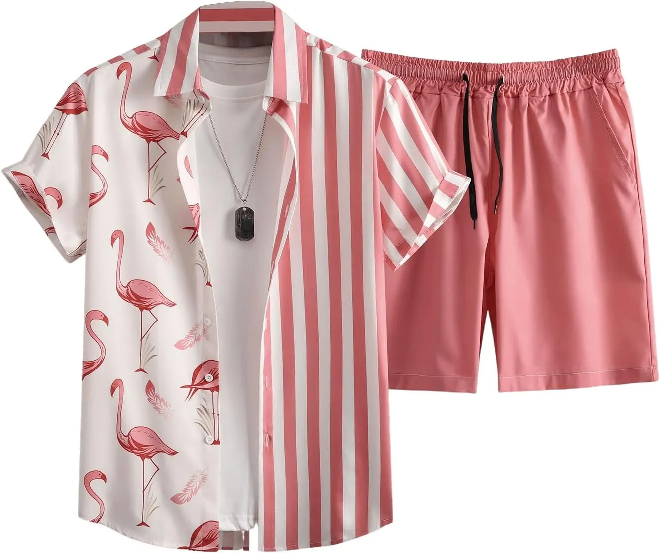 Floerns Men's Two Piece Outfit Printed Shirt Top and Drawstring Waist Shorts Set