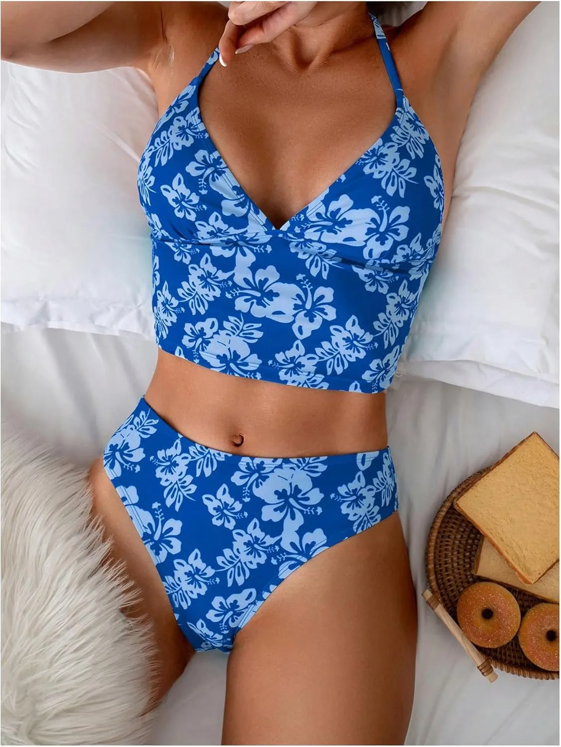 Floerns Women's Floral Print Halter Neck Tankini Top Two Piece Bathing Swimsuit
