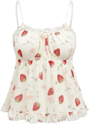 Floerns Women's Kawaii Strawberry Print Sleeveless Camisole Ruffle Hem Cute Cami Top